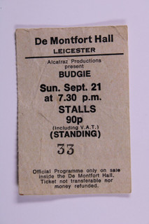 Budgie Ticket Original Vintage Bandolier Tour De Montfort Hall Leicester 1975 front