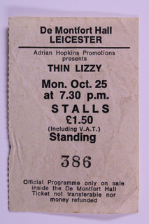 Thin Lizzy Ticket Original Johnny The Fox Tour De Montfort Hall October 1976 front