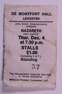 Nazareth Ticket Original Vintage De Montfort Hall 1975 front