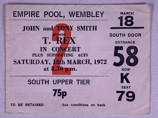 Marc Bolan T-Rex Ticket Vintage Original Empire Pool Wembley 1972 #2 front
