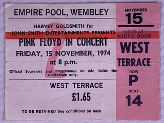 Pink Floyd Waters Gilmour Mason Ticket Vintage British Winter Tour London 1974#2 front