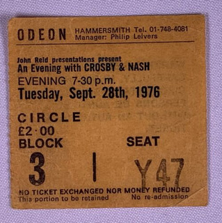 Crosby and Nash Ticket Original Vintage Hammersmith Odeon September 1976 front