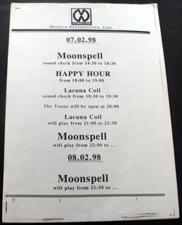 Moonspell Itinerary Original Vintage Lacuna Coil Tour Lisbon 1998 Front