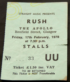 Rush Ticket Vintage A Farewell To Kings Tour Glasgow Apollo 1978 front