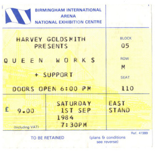 Queen Freddie Mercury Ticket Vintage The Works Tour Birmingham 1984 front