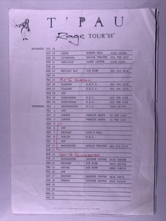 T'Pau Carol Decker Itinerary Original Rage UK Tour 1988 Front