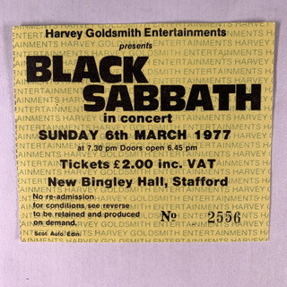 Black Sabbath Ticket Original Vintage Technical Ecstasy Stafford UK 1977 front
