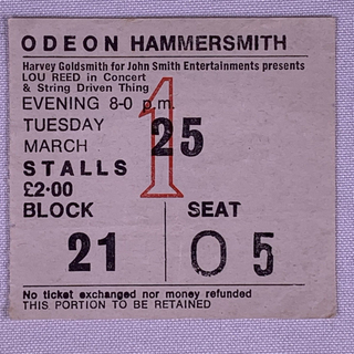 Lou Reed Ticket Vintage Original World Tour Hammersmith 1975 #1 Front