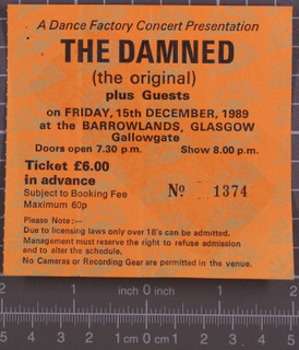 The Damned Ticket Original Vintage Barrowland Glasgow December 1989 Front
