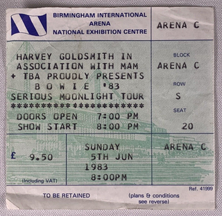 David Bowie Ticket Original Vintage Serious Moonlight Tour Birmingham Arena 1983 front