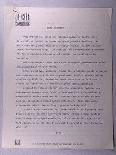 Ozzy Osbourne Press Release Biography Original Promo The Ultimate Sin Album 1986 Front