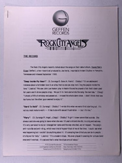 Rock City Angels Johnny Depp Press Release Biography Orig. Geffen Records 1988 Front