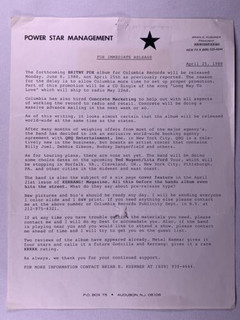 Britny Fox Dizzy Davidson Press Release Letter Original Power Star Promo 1988 Front