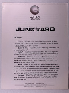 Junkyard Press Release Original Geffen Records Promo Self Titled Album 1989