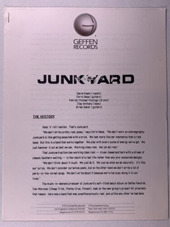 Junkyard Press Release Biography Original Vintage Geffen Records Promo 1989 Front