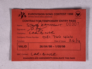 Eurovision Dana International Pass Original Song Contest Birmingham NEC 1998 front