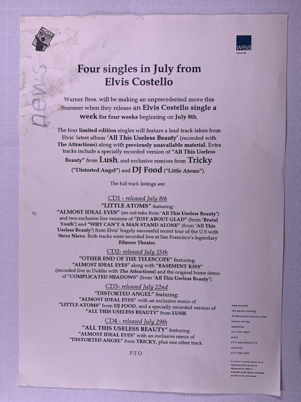 Elvis Costello Press Release Original Wea Records Four Singles In July 1996 front