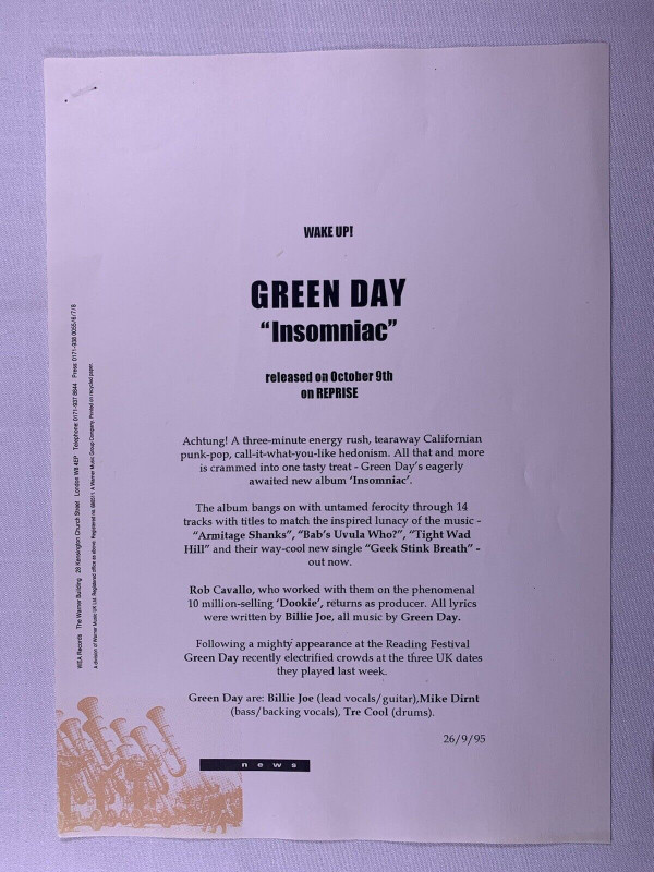Green Day Press Releases Original Vintage Wea Records Insomniac London 1995 front