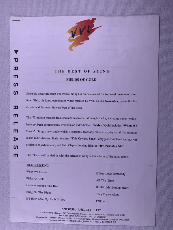 Sting The Police Press Release Original Vision Video Ltd Fields Of Gold 1994 front