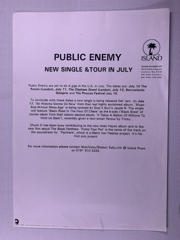 Public Enemy Press Release Original Island Records New Single And Tour 1995 front