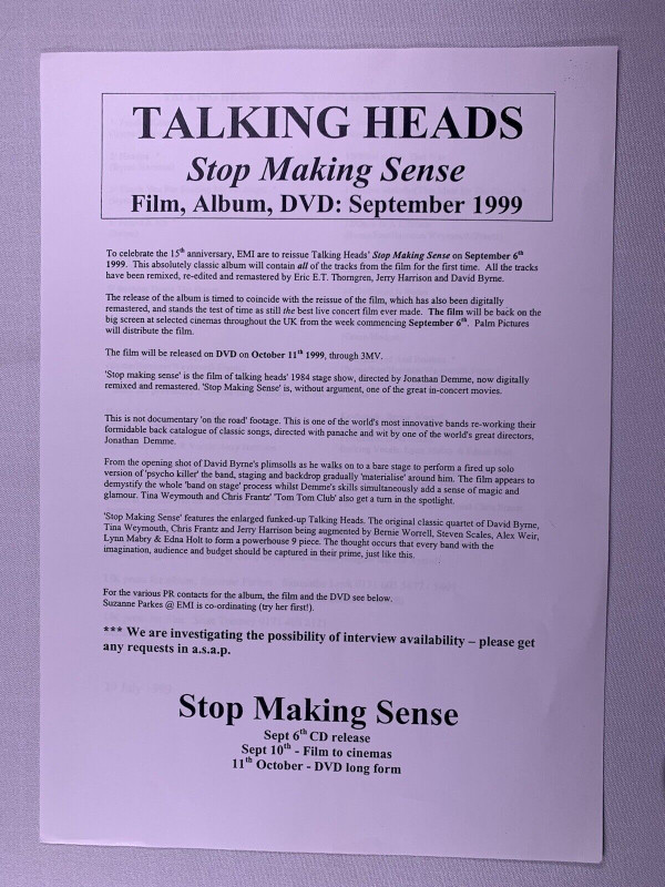 Talking Heads Press Release Original EMI Records Stop Making Sense 1999 front