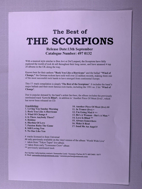 The Scorpions Press Release Original EMI Music The Best Of The Scorpions 1999 front