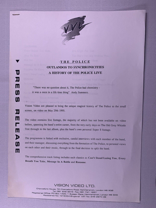 The Police Sting Press Release Original VVL  A History Of The Police Live 1995 front