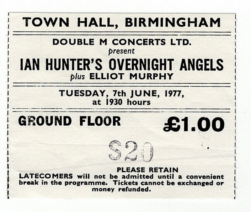 Mott The Hoople Ian Hunter Vibrators Ticket Overnight Angels Tour Birmingham1977 front