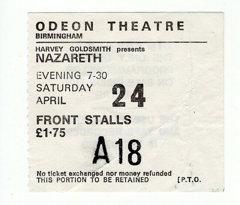 Nazareth Ticket Vintage Close Enough For Rock 'n' Roll Tour Birmingham 1976 front