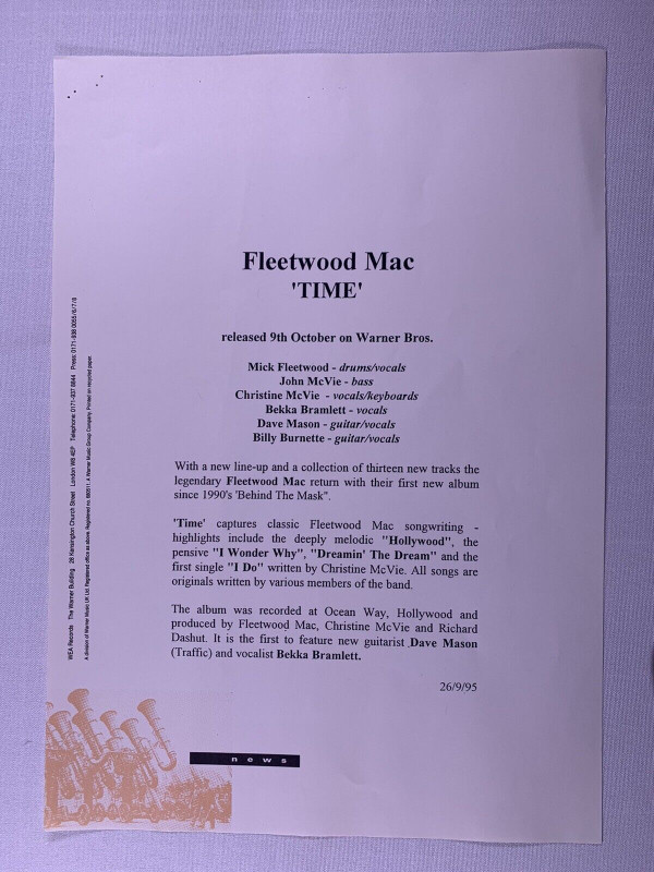 Fleetwood Mac McVie Press Release Original Wea Records Warner Bros. Time 1995 front