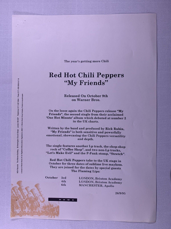 Red Hot Chili Peppers Press Release Original Wea Records My Friends October 1995 front