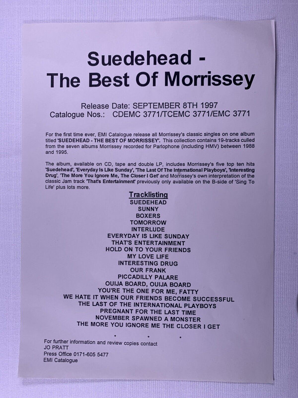 Morrissey Press Release Original EMI Records Suedehead 1997 front