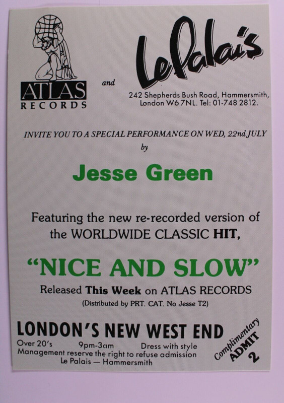 Jesse Green Pioneers Ticket Atlas Records Invite Nice & Slow Hammersmith 1976 #2 front