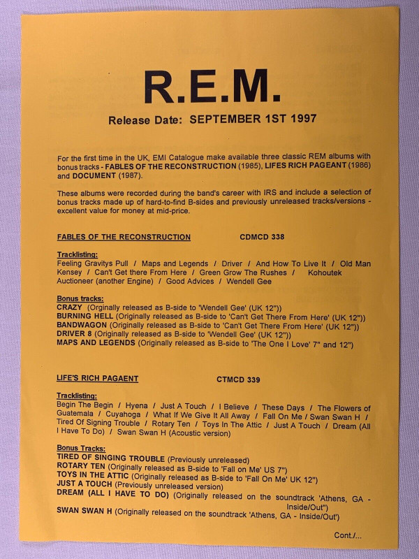 R.E.M Press Release Original EMI Triple Album Release 1997 front