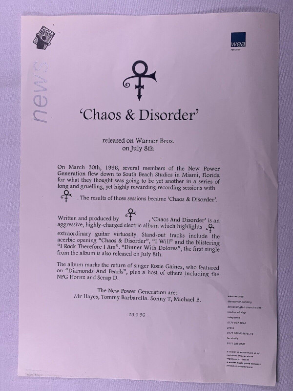 Prince Press Release Original Wea Records Chaos And Order 1996 front