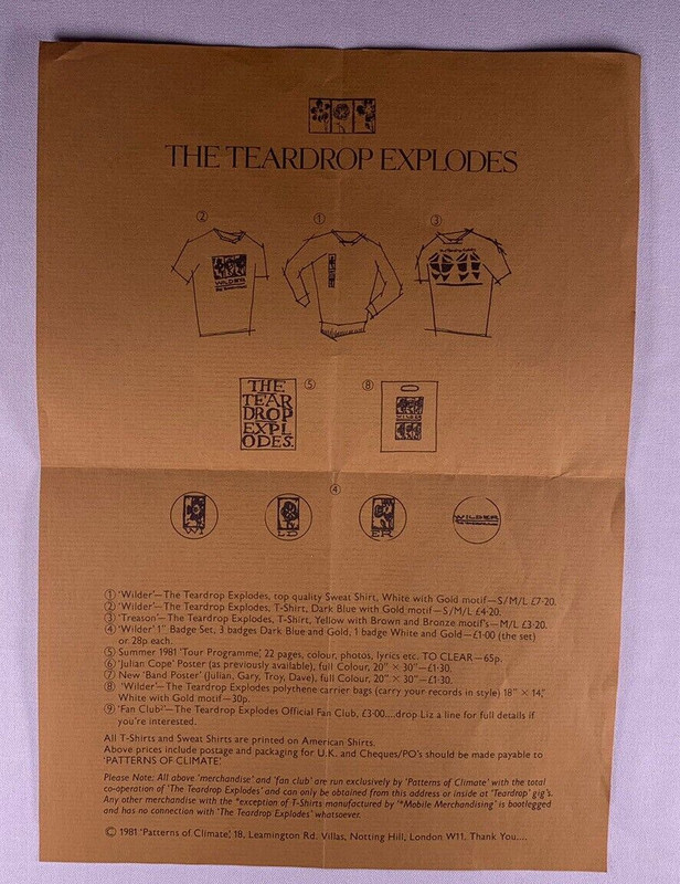 The Teardrop Explodes Flyer Original Merchandise 1981 front