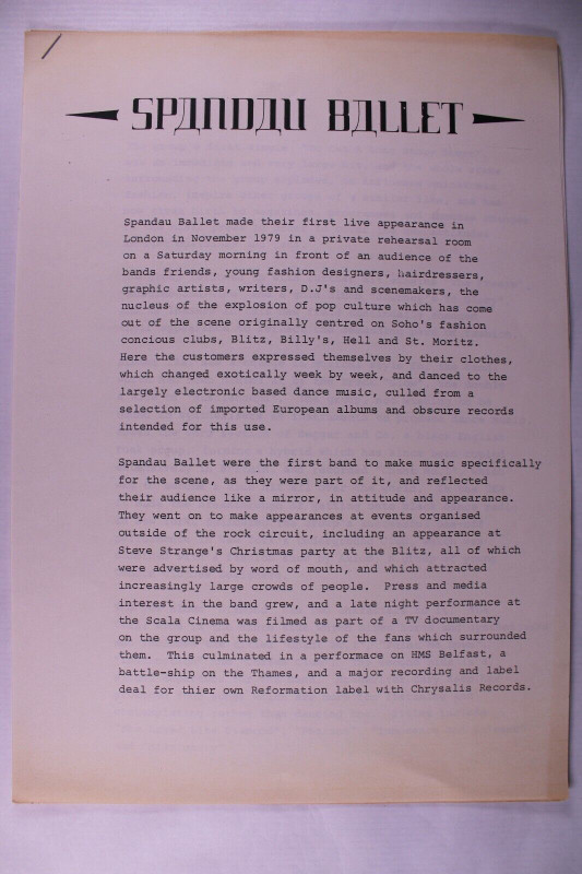 Spandau Ballet Press Release Original Reformation Bio and Diamond Promo 1982 front