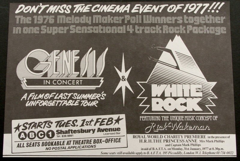 Genesis Rick Wakeman Flyer Film Premier ABC Cinema Shaftesbury Avenue 1977 #2 front