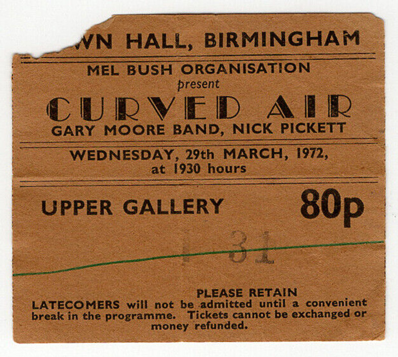 Curved Air Ticket Original Vintage Birmingham Town Hall 1972 Front