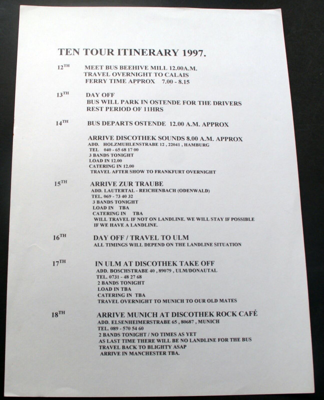 Ten Gary Hughes Itinerary Vintage Original 1 Sheet German Tour November 1997 Front