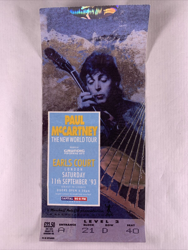 The Beatles Paul McCartney Ticket Original The New World Tour London 1993 front