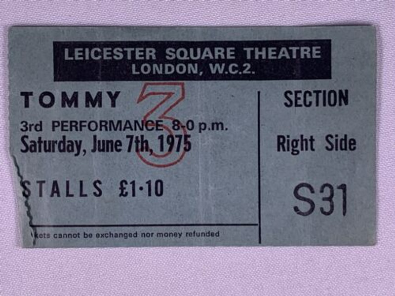 The Who Tommy Ticket 3rd Performance Leicester Square Theatre 1975 front