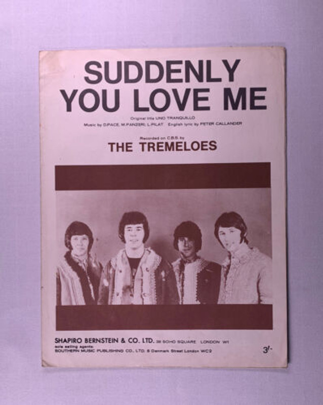 The Tremeloes Sheet Music Original Vintage CBS Records Suddenly You Love Me 1967 front