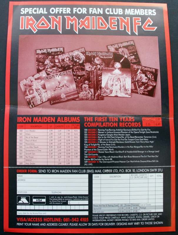 Iron Maiden Flyer Fan Club BMS Merchandise Sheet First Ten Years 1990 front