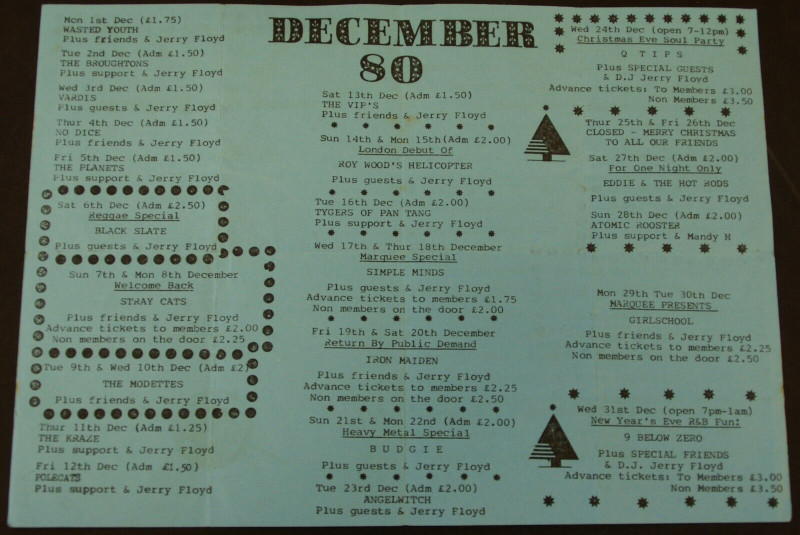 Iron Maiden Flyer Simple Minds Stray Cats NWOBHM Marquee Club December 1980 front
