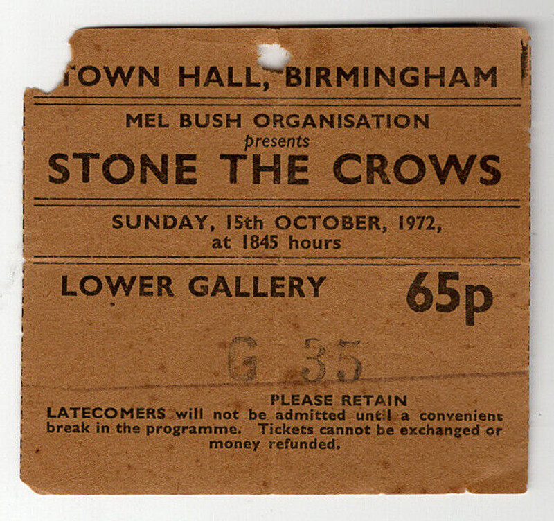 Stone The Crows Maggie Bell Ticket Vintage Birmingham Town Hall 1972 Front