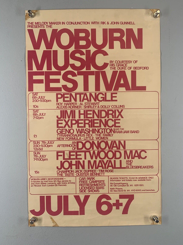 Jimi Hendrix Tyrannosaurus Rex T-Rex Poster Original Woburn Festival UK 1968 - front image