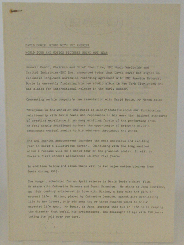 David Bowie Press Release Original Vintage EMI Capitol Liberty January 1983 Front