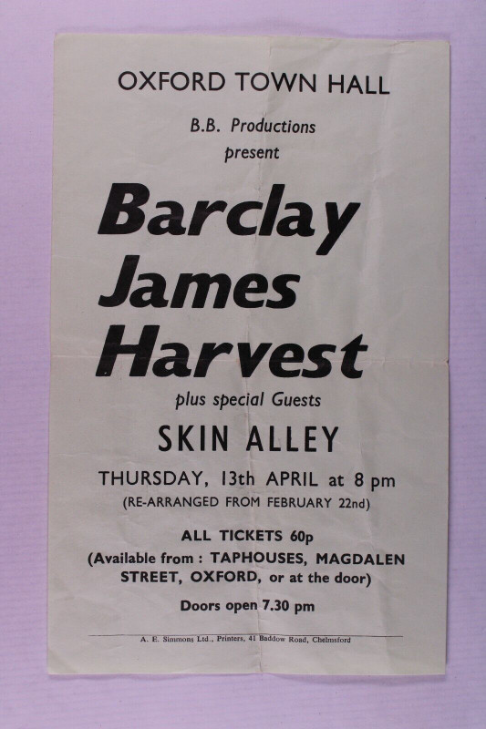 Barclays James Harvest Skin Alley Flyer Original Oxford Town Hall 1972 front