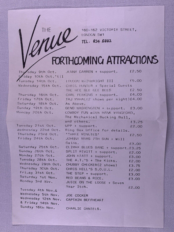 Chubby Checker Joe Cocker Captain Beefheart Flyer Original The Venue London 1980 front